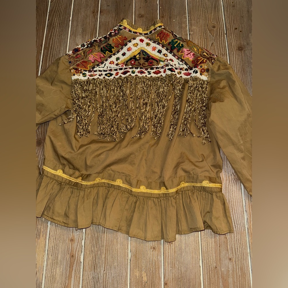 Zara Embroidered Fringe Tan Jacket - Picture 2 of 3